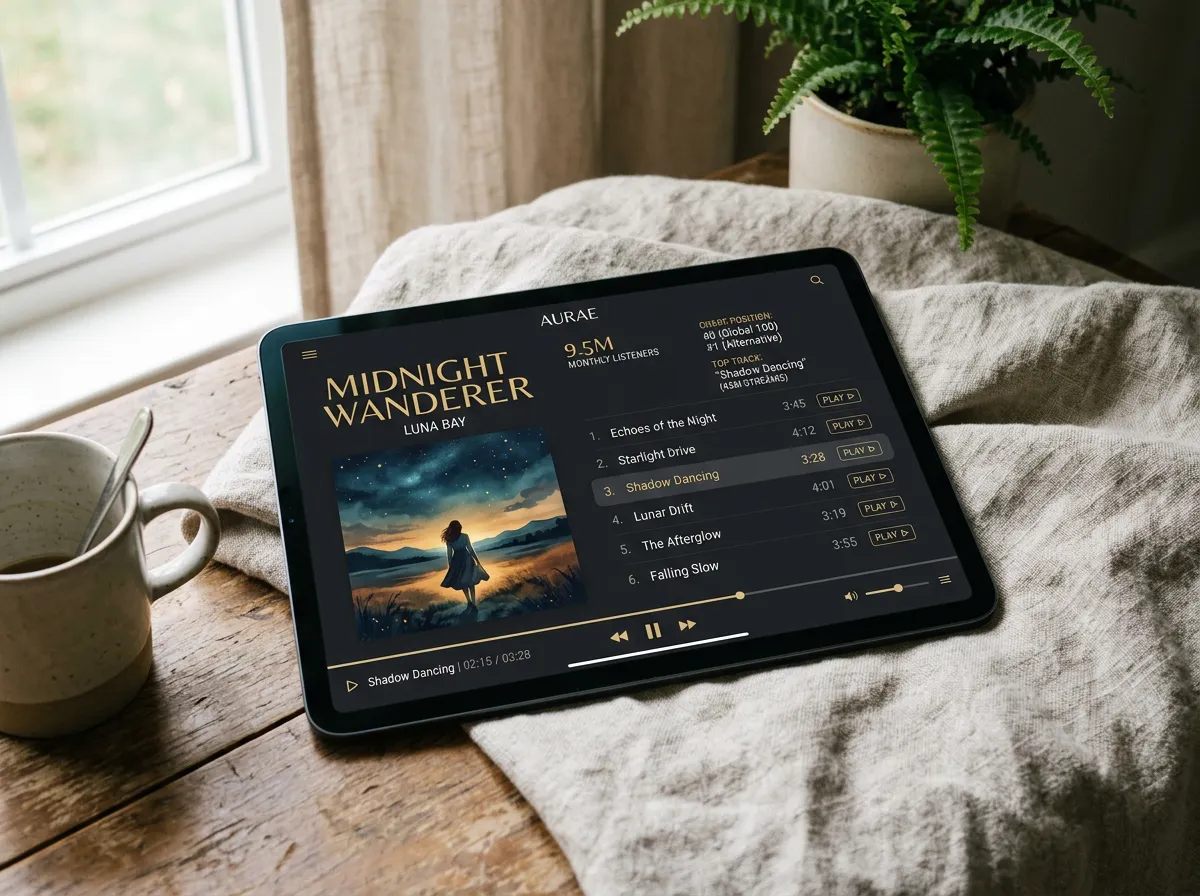 Streaming music app interface on a tablet showing album artwork and playlists