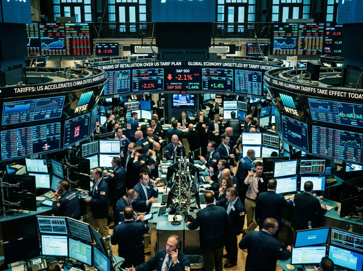 Stock market trading floor screens showing tariff news and market reactions