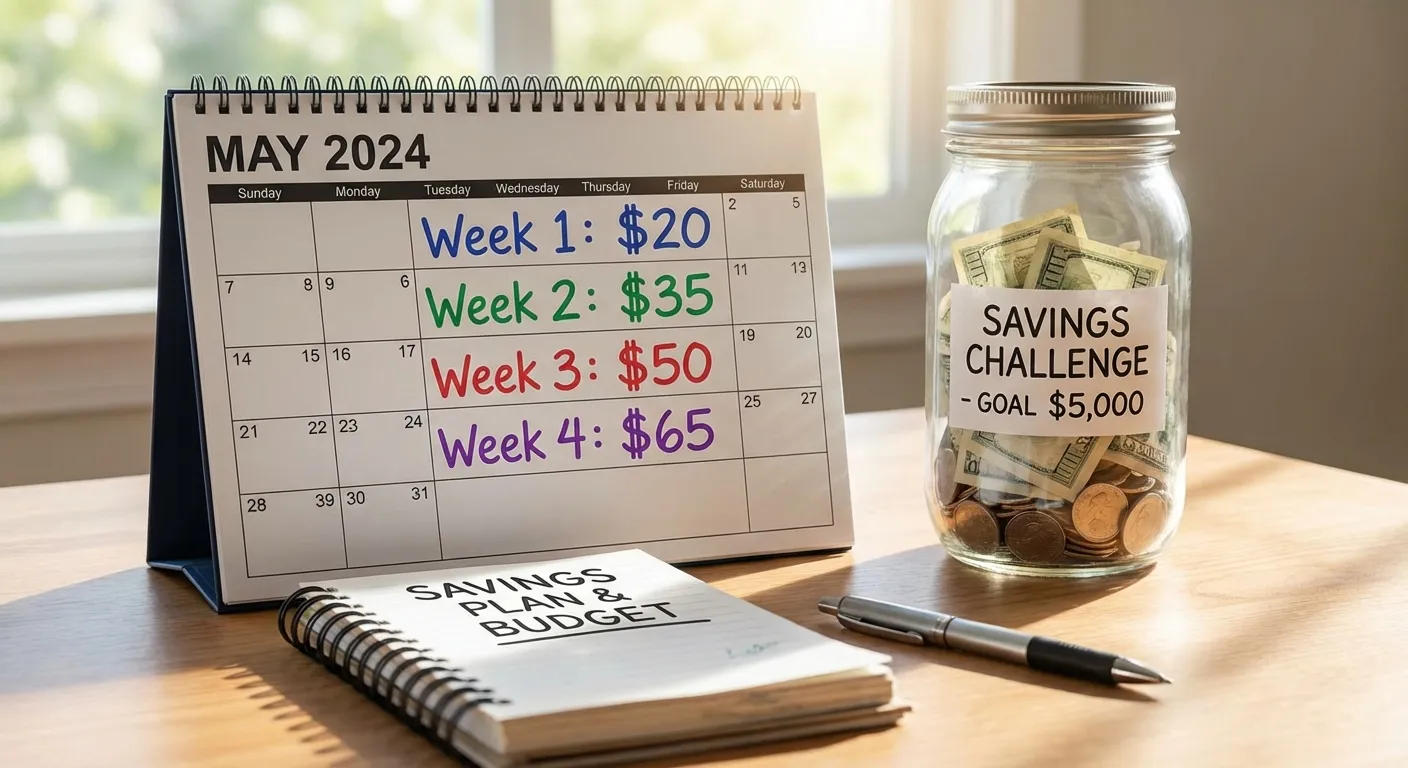 Calendar with weekly savings amounts marked and jar of money