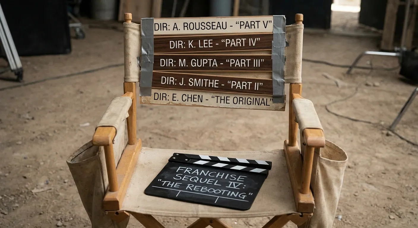 Film director's chair with multiple name plates stacked showing different directors across sequels