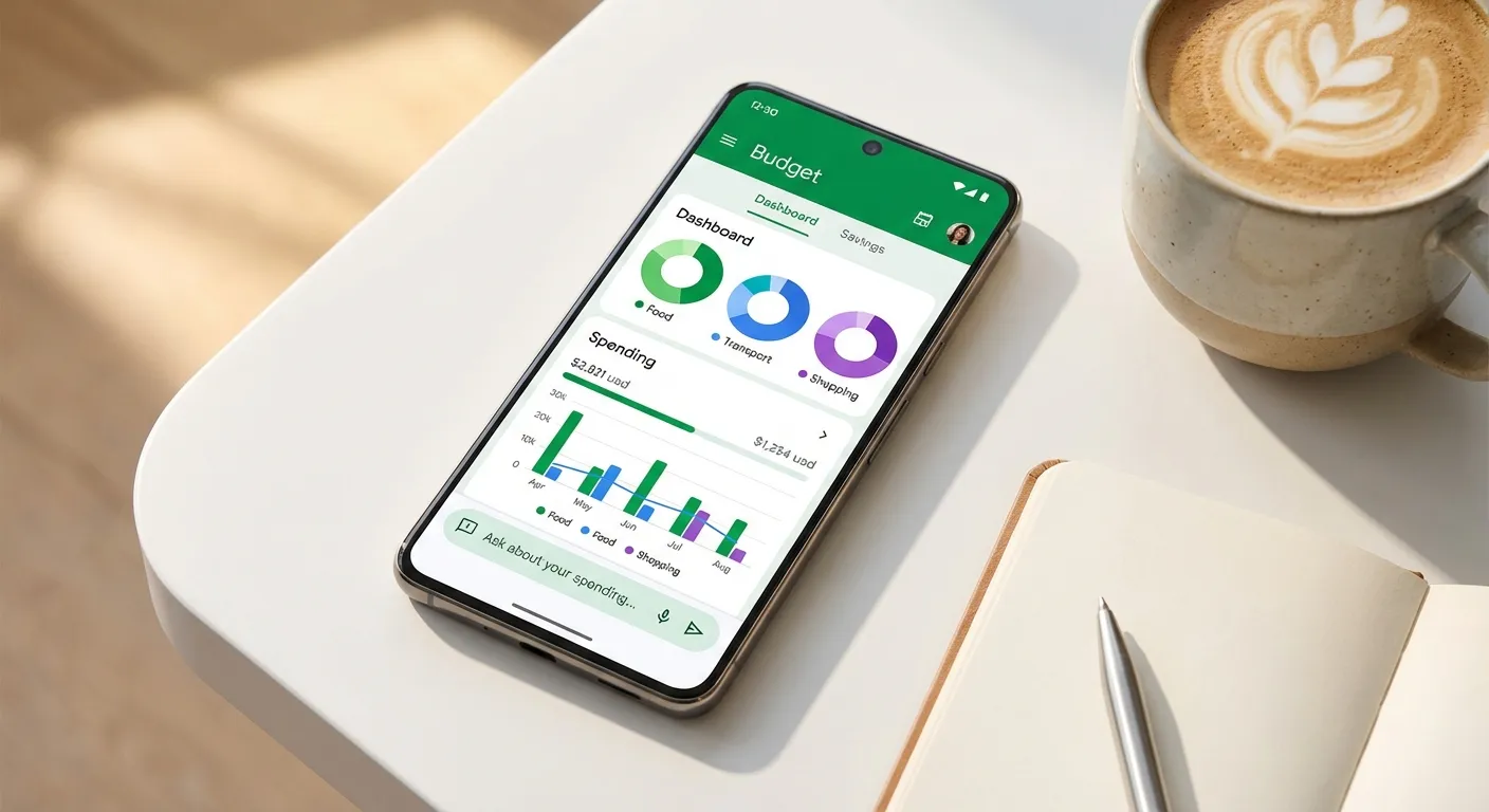 Smartphone showing an AI budget app dashboard with colorful spending charts