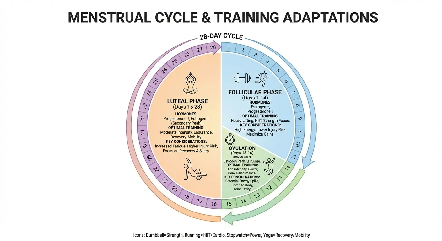 Infographic showing menstrual cycle phases and optimal training intensity for each phase