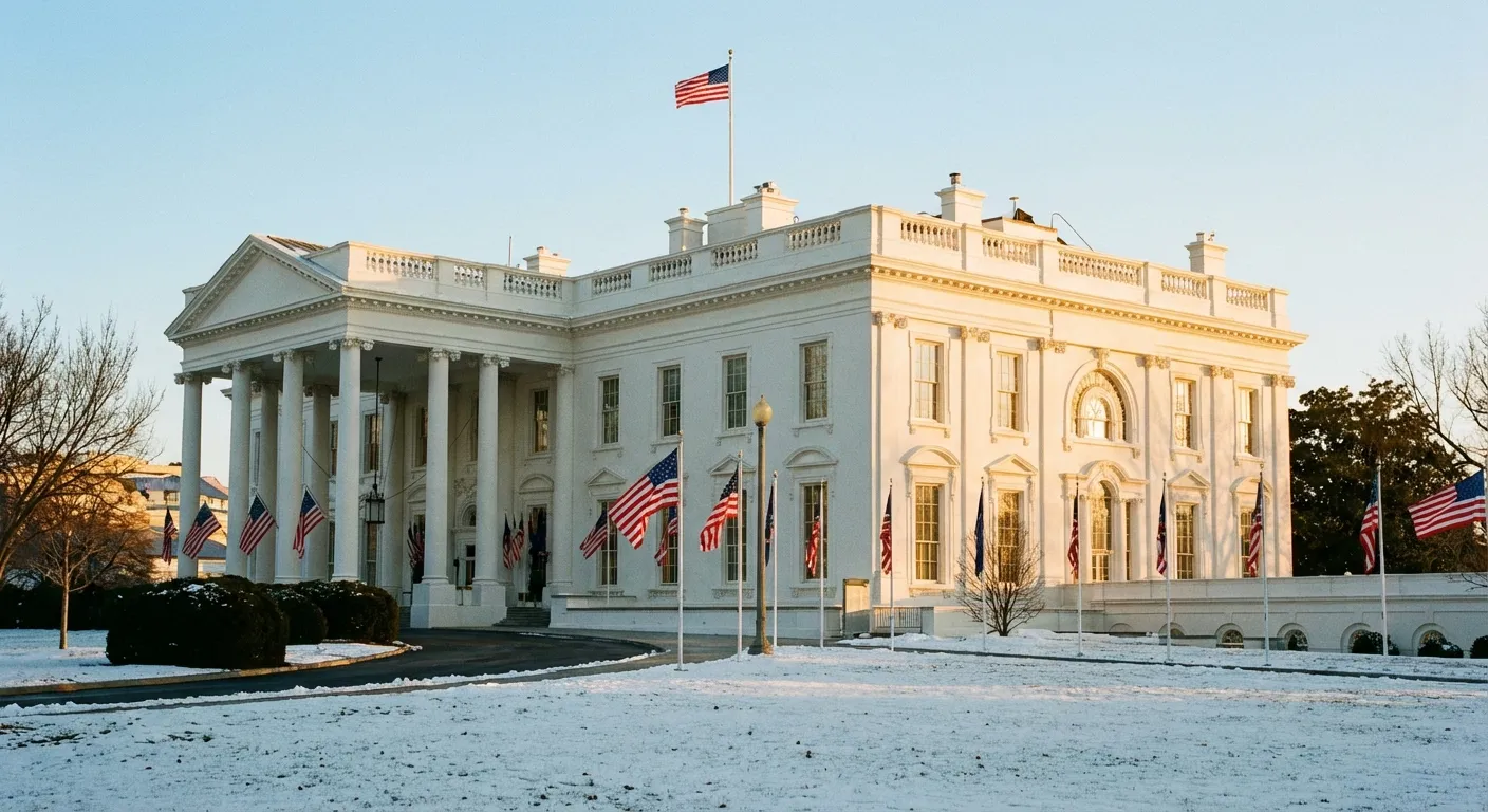The White House with American flags symbolizing the one-year anniversary