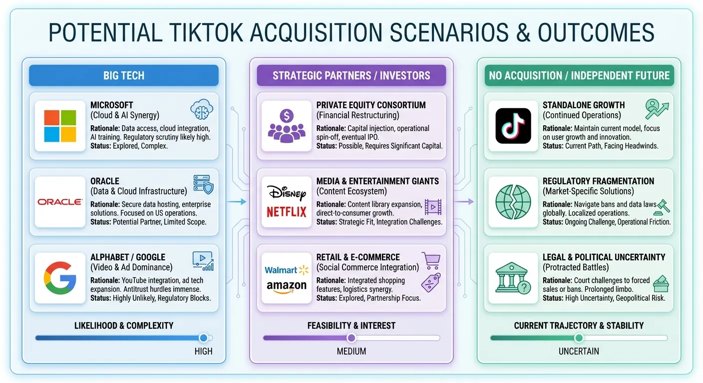 Graphic showing potential TikTok buyers and challenges