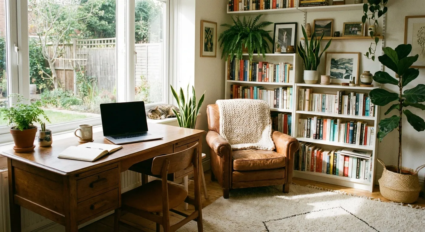 Cozy home workspace with plants, natural light, and intentional organization