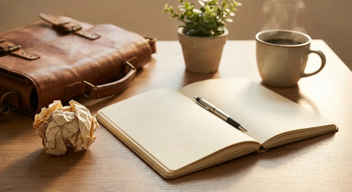 Crumpled paper on desk next to fresh notebook representing letting go of old plans