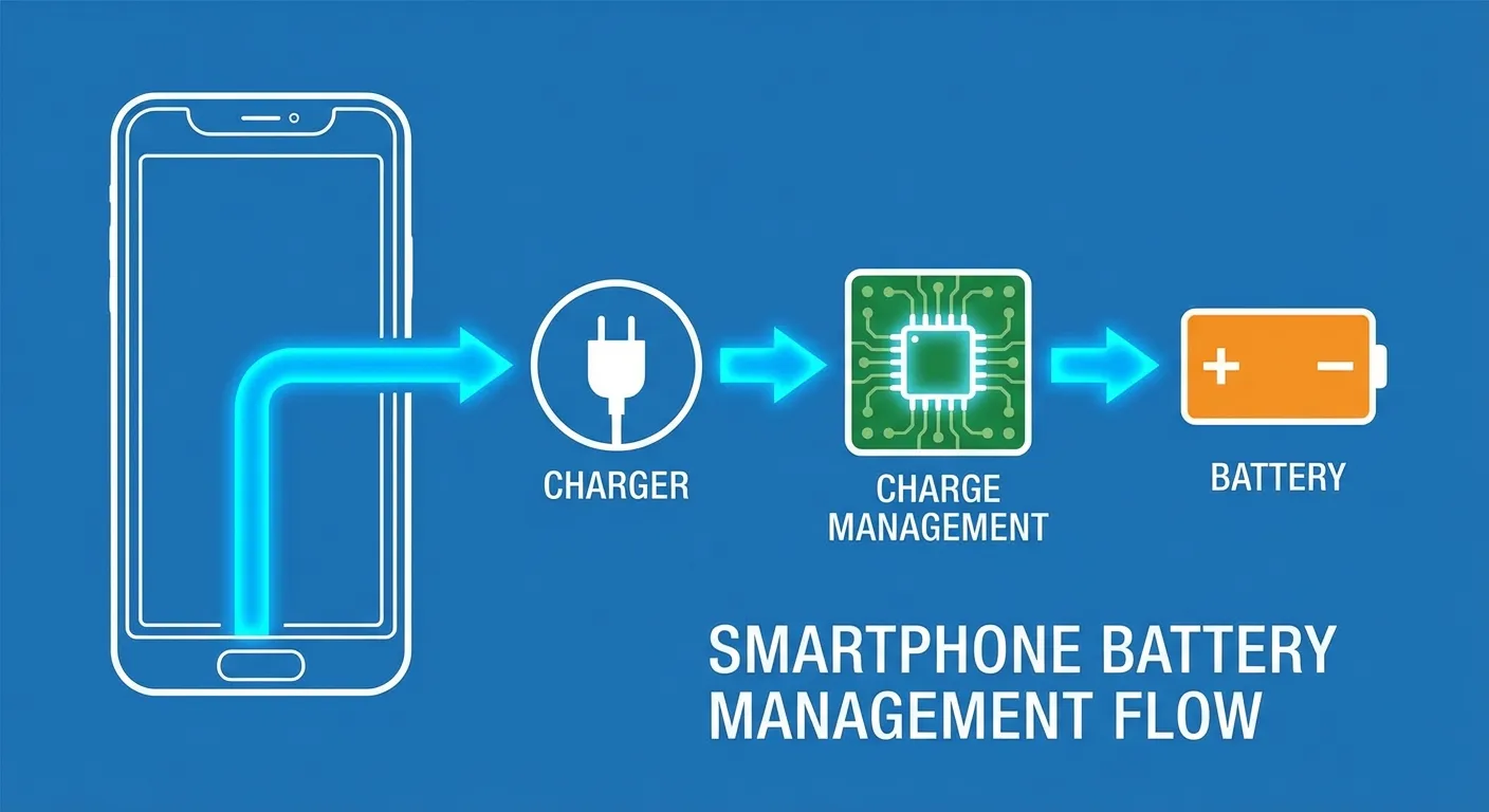 Diagram showing smartphone battery management chip controlling charge flow