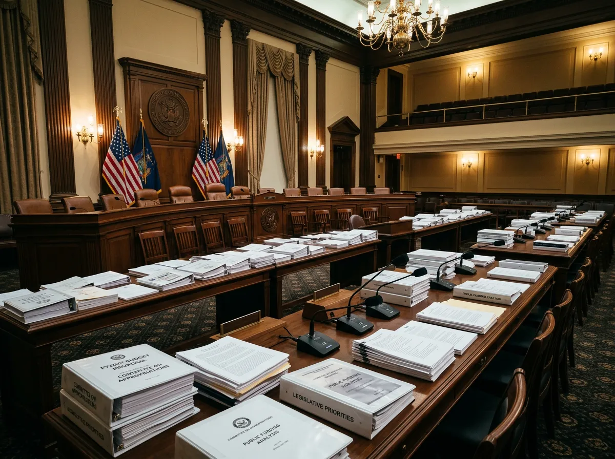 Congressional hearing room with budget documents spread across desks
