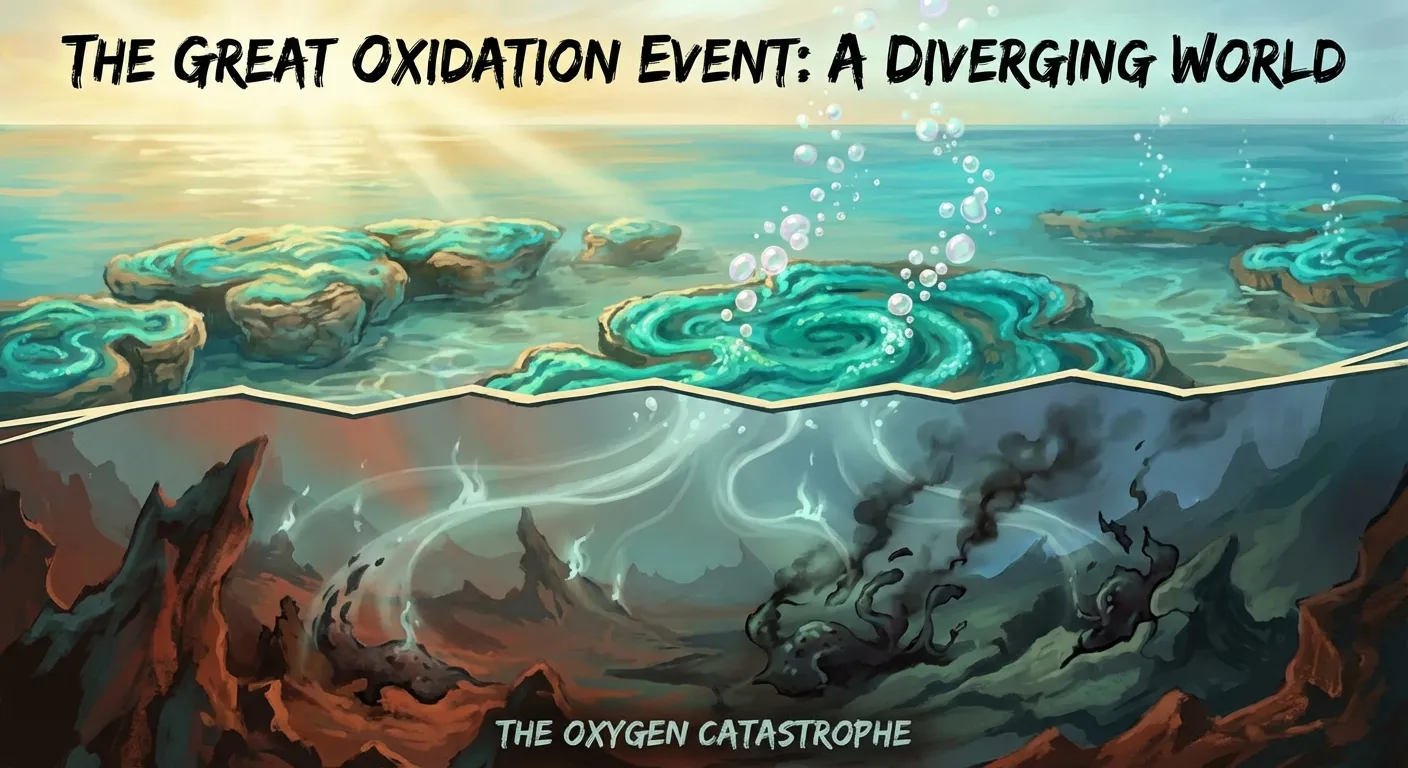 Dramatic visualization of ancient Earth showing mass die-off of anaerobic organisms as oxygen levels rise