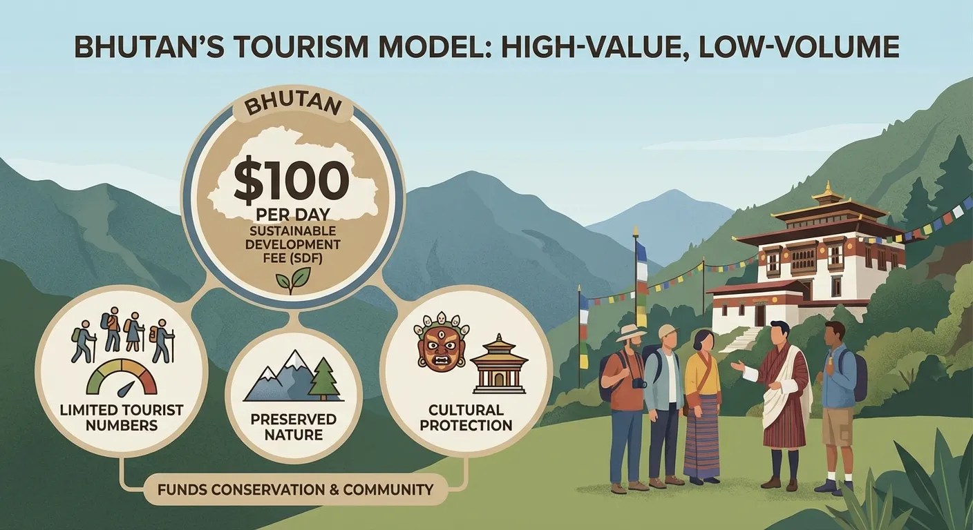 Tourist paying sustainable development fee at Bhutan customs with pristine mountains behind