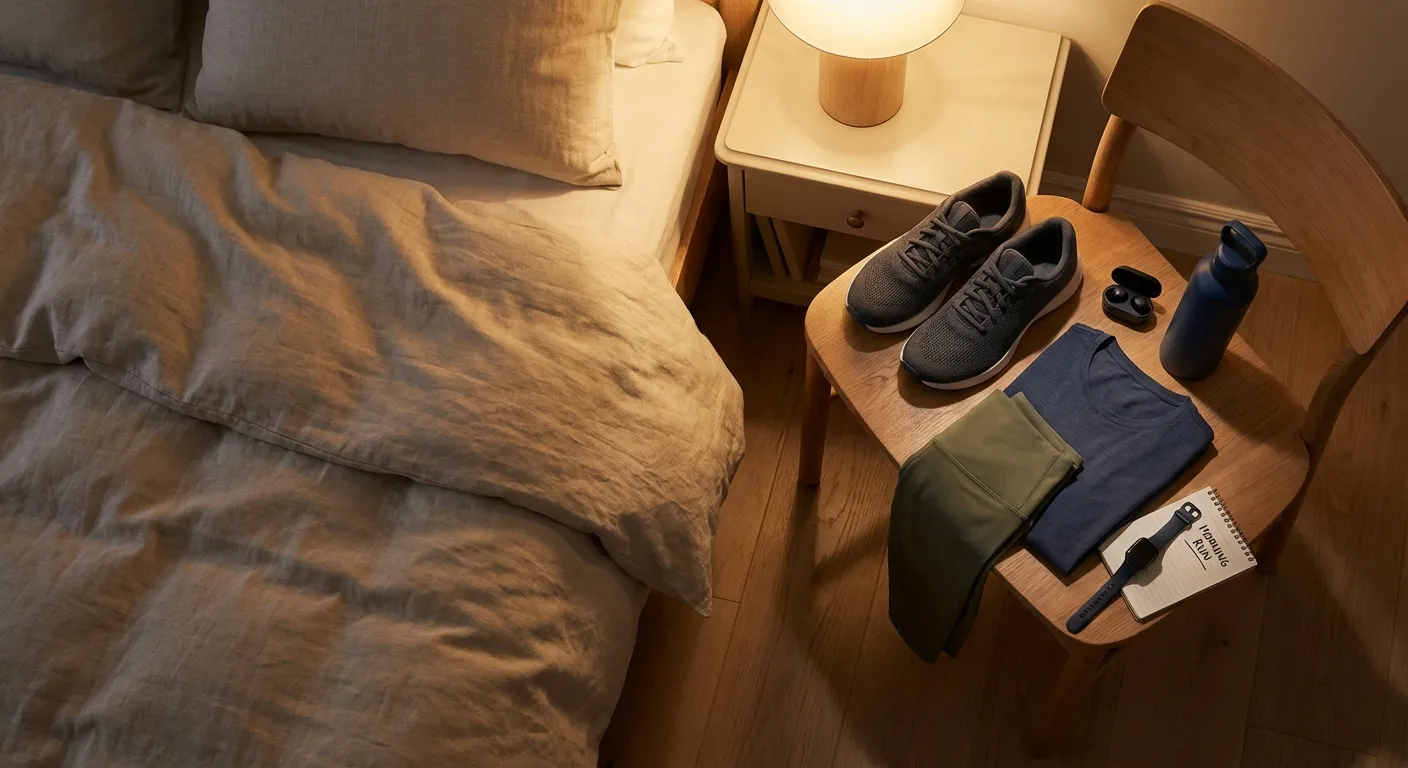 Workout clothes laid out the night before next to running shoes