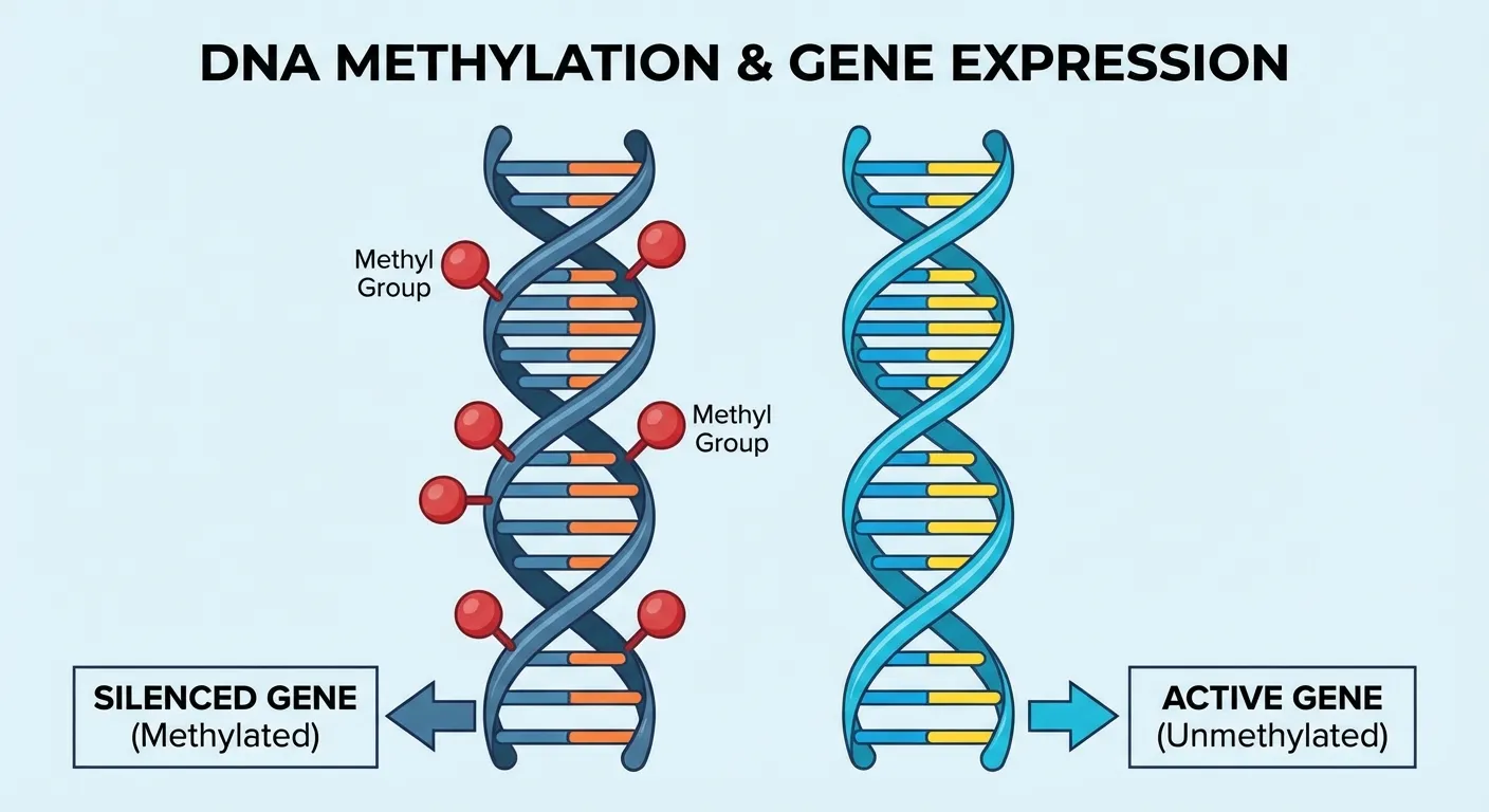 Comparison showing silenced gene with methyl groups versus activated gene without them