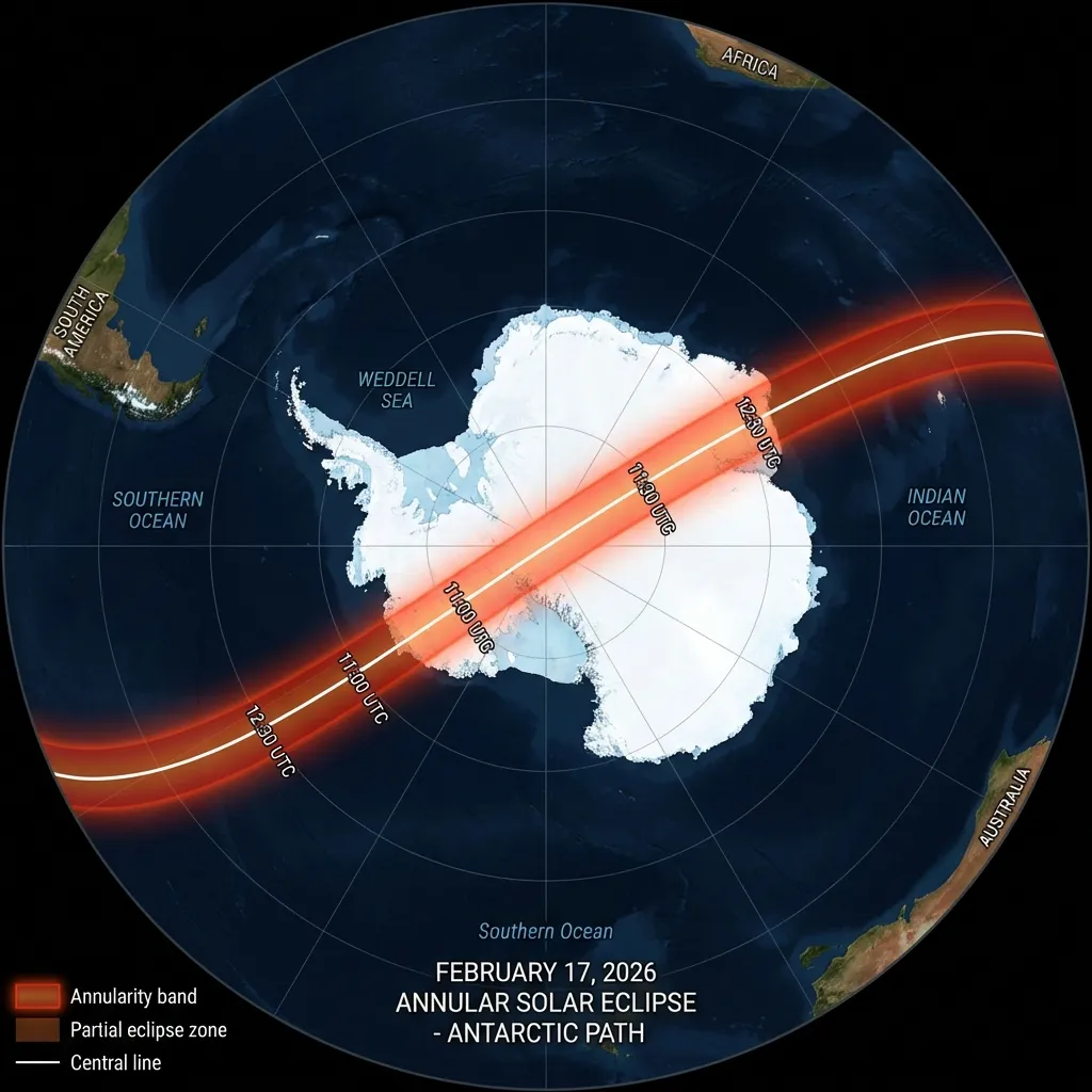 Map showing path of February 17 2026 annular eclipse across Antarctica