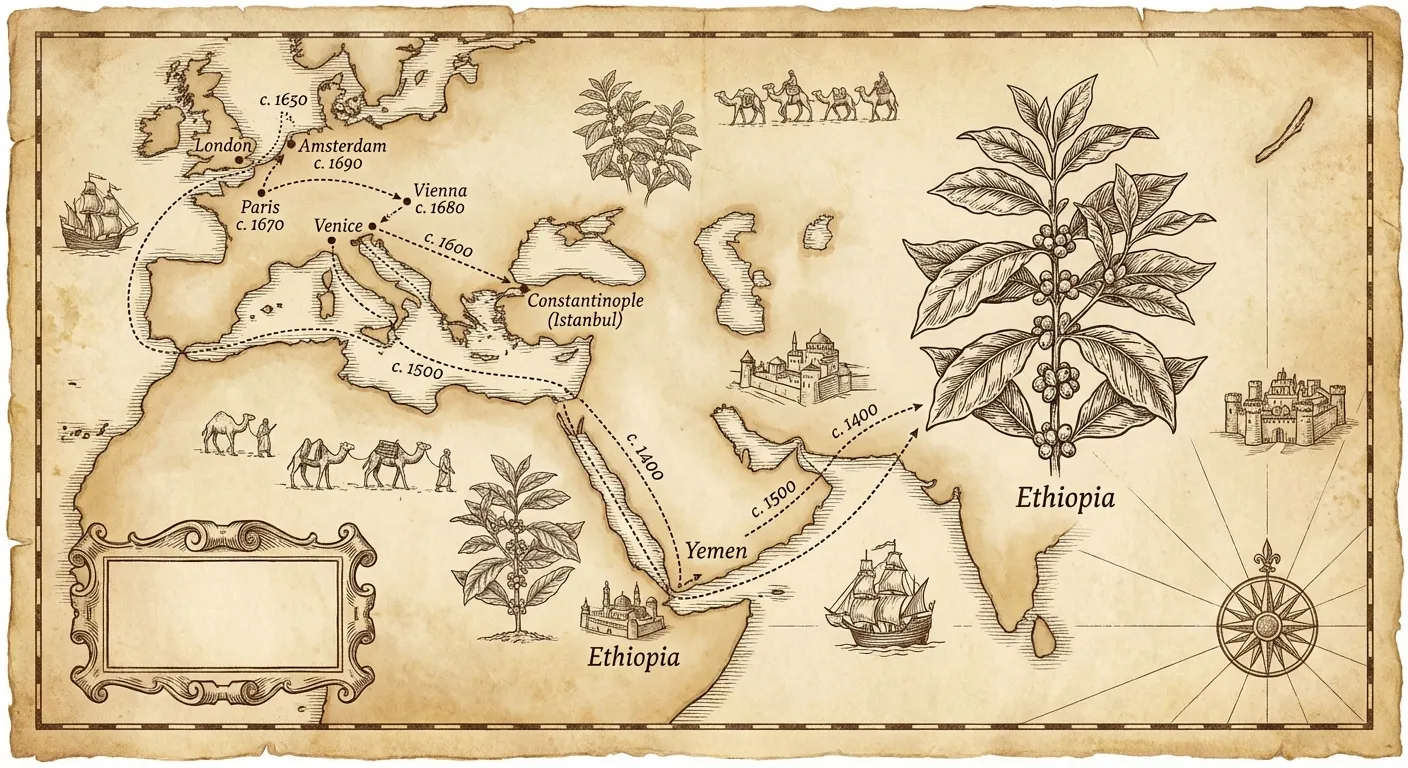 Map showing coffee's spread from Ethiopia through Arabia to Europe in the 17th century