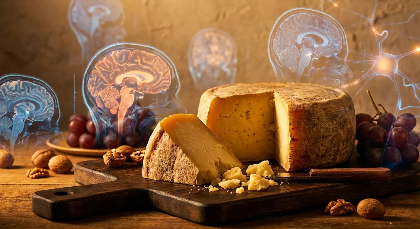 Artisanal cheese wheel and brain imagery suggesting cognitive health connection