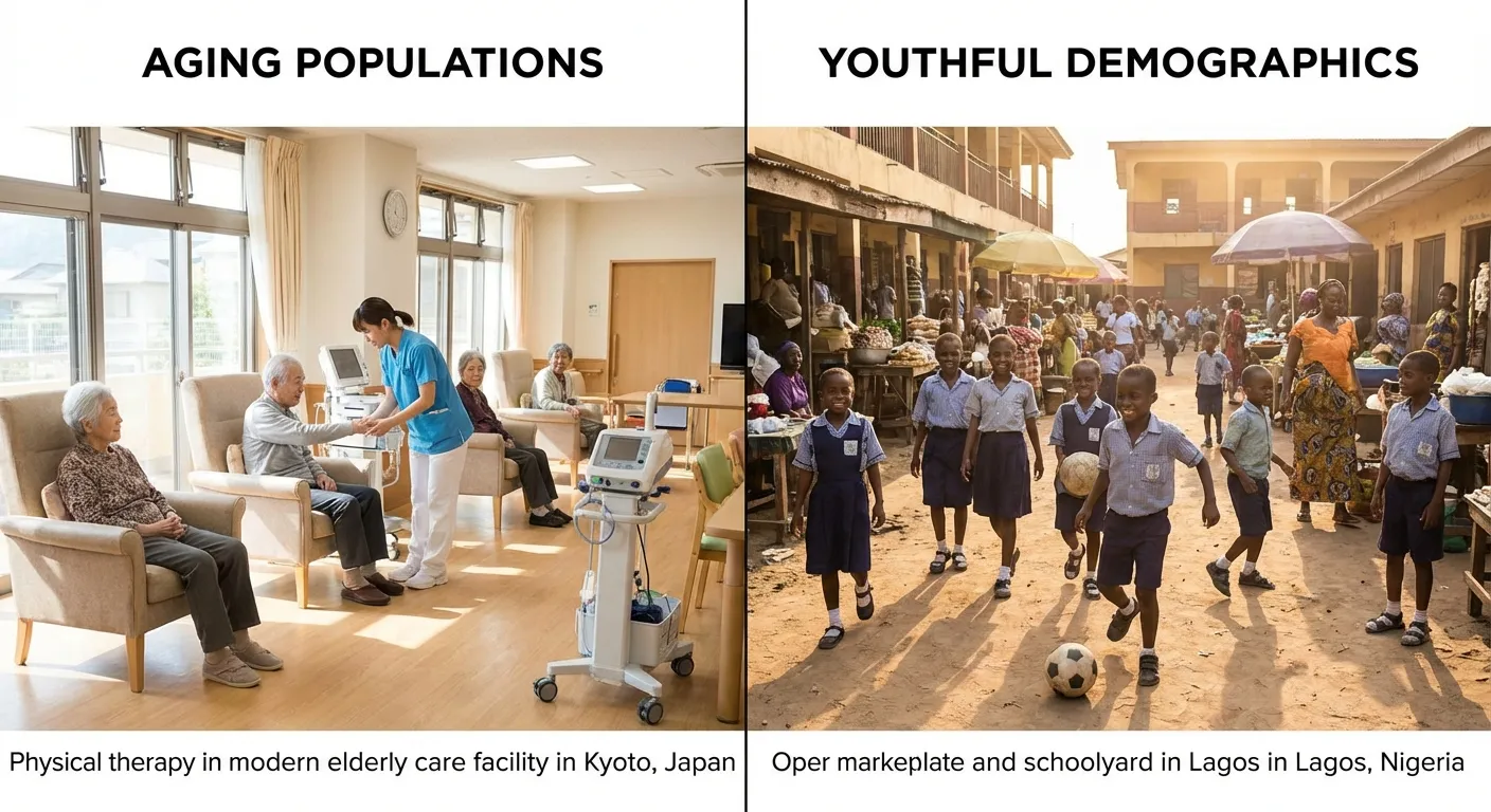 Split-screen showing aging population in developed nation versus young population in Africa
