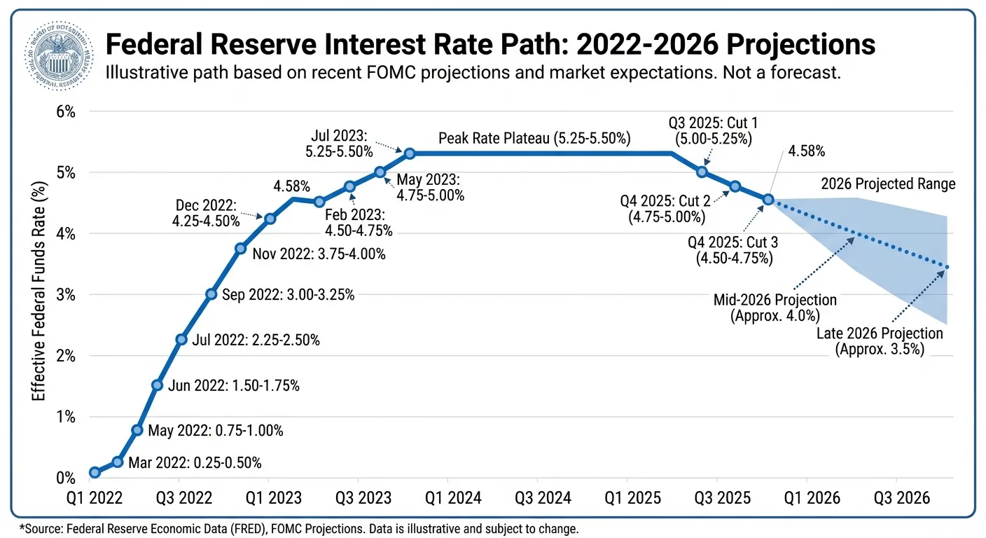 Line chart showing Federal Reserve interest rate trajectory from 2022 to 2026