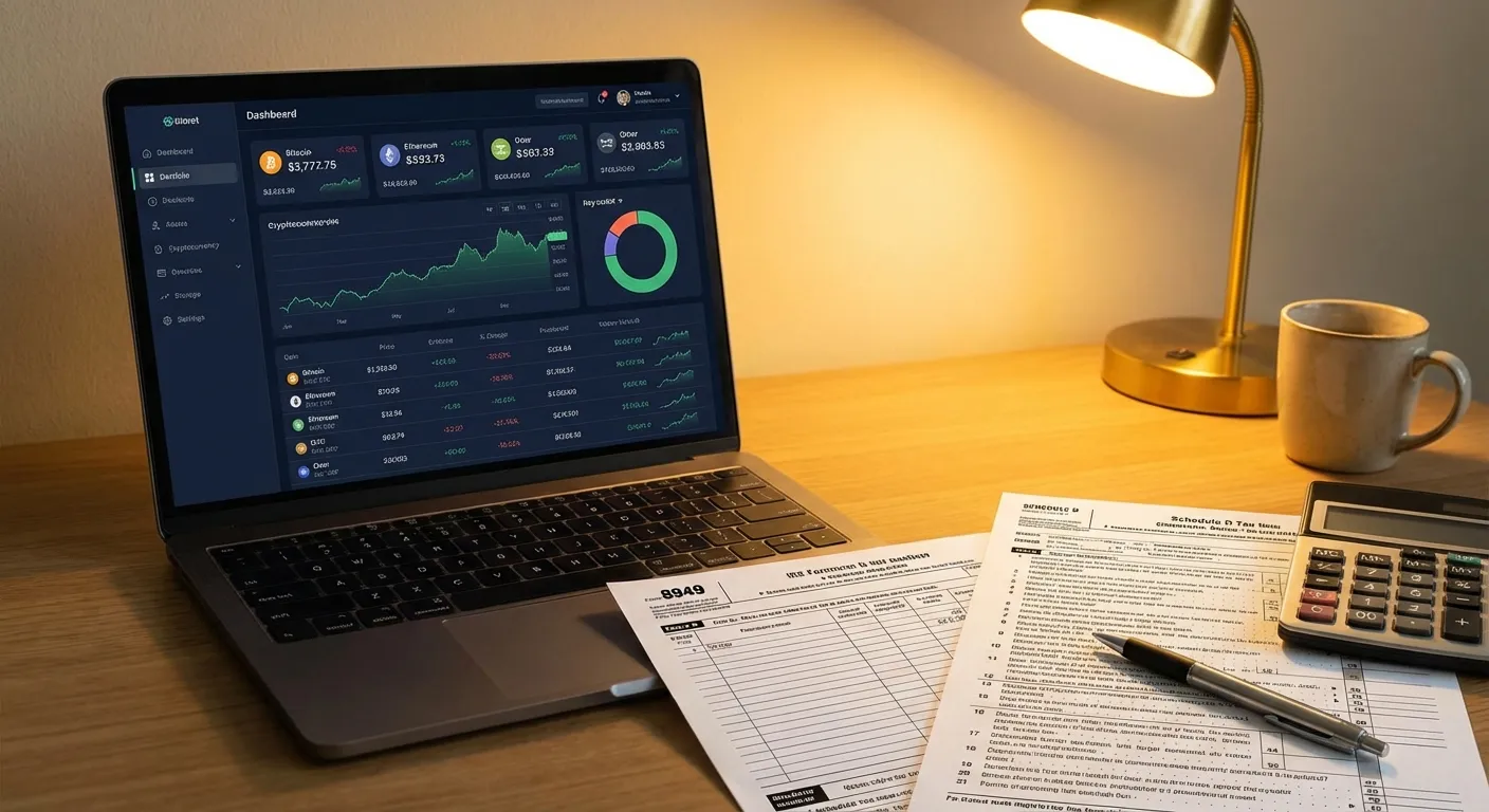 Laptop showing cryptocurrency portfolio next to tax forms and a calculator