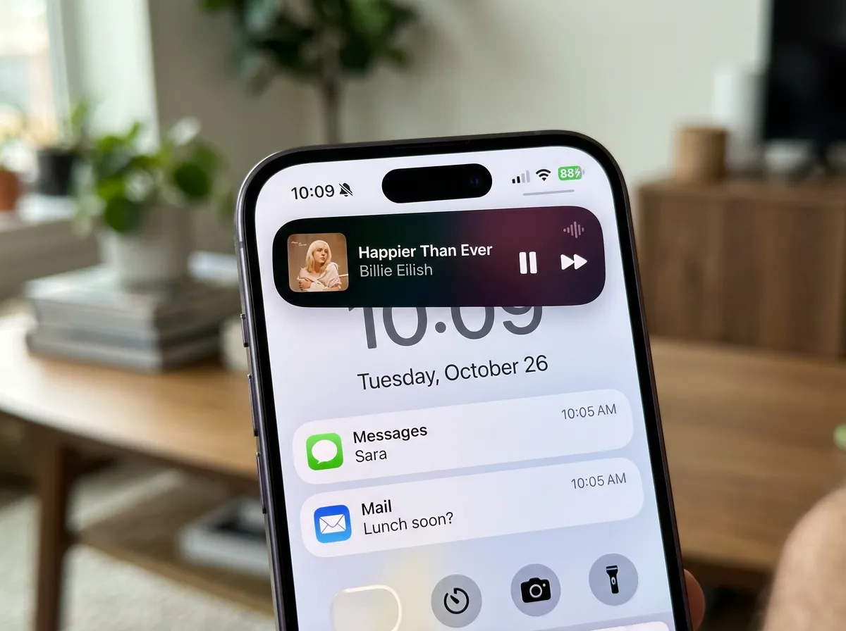 Close-up of Dynamic Island on iPhone 17e showing live activity notifications