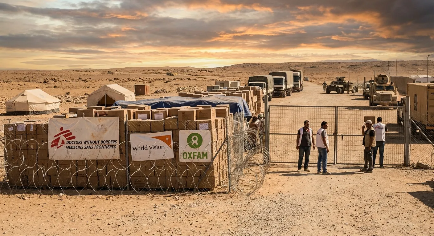 Medical supplies and humanitarian aid boxes with MSF and NGO logos stacked at a border crossing