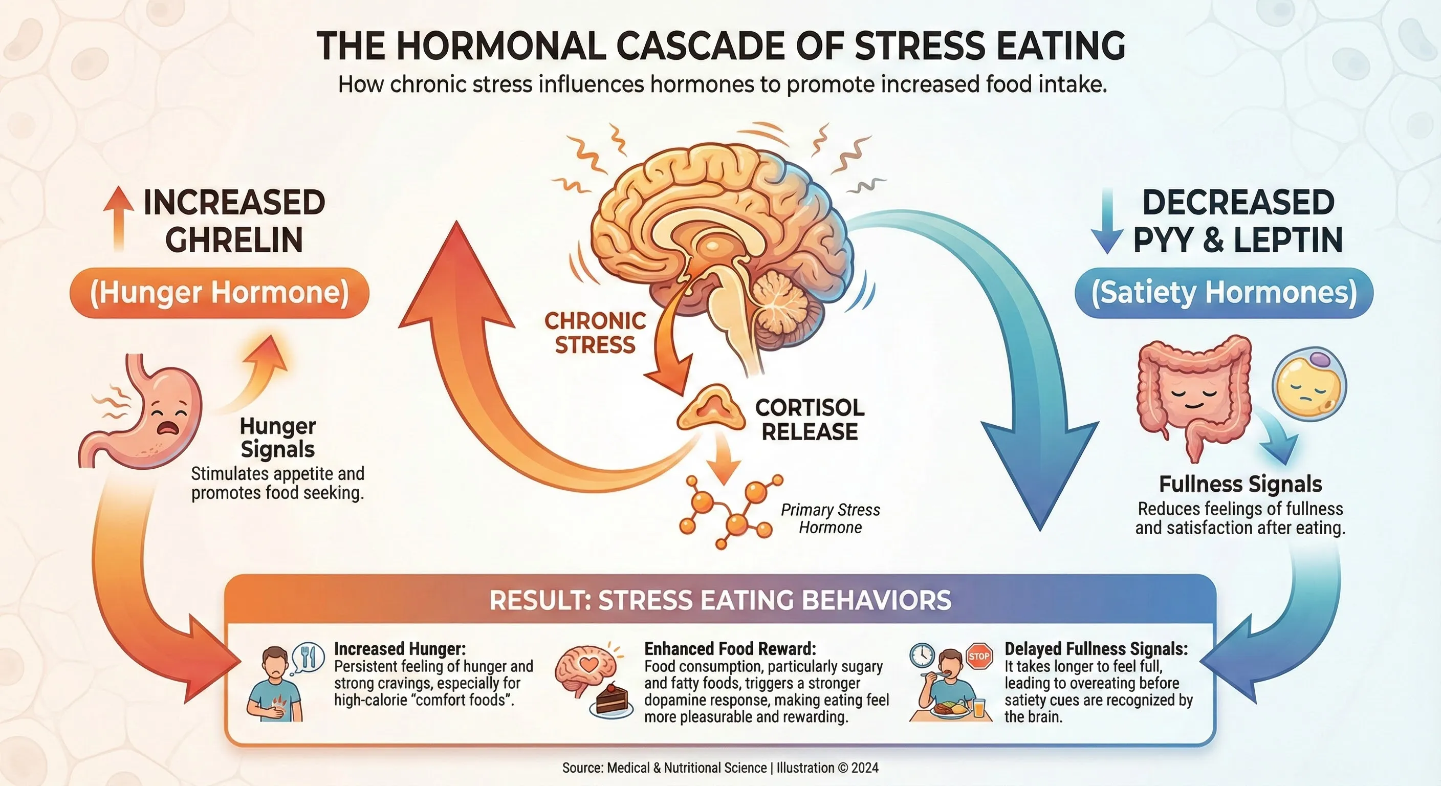 Diagram showing cortisol's effects on hunger hormones ghrelin and satiety signals