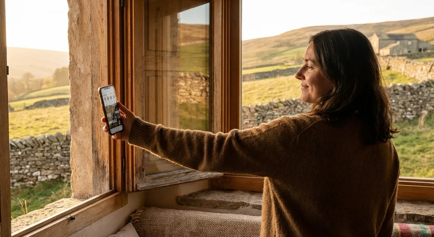 Person stepping back from phone to look out at real landscape beyond the screen