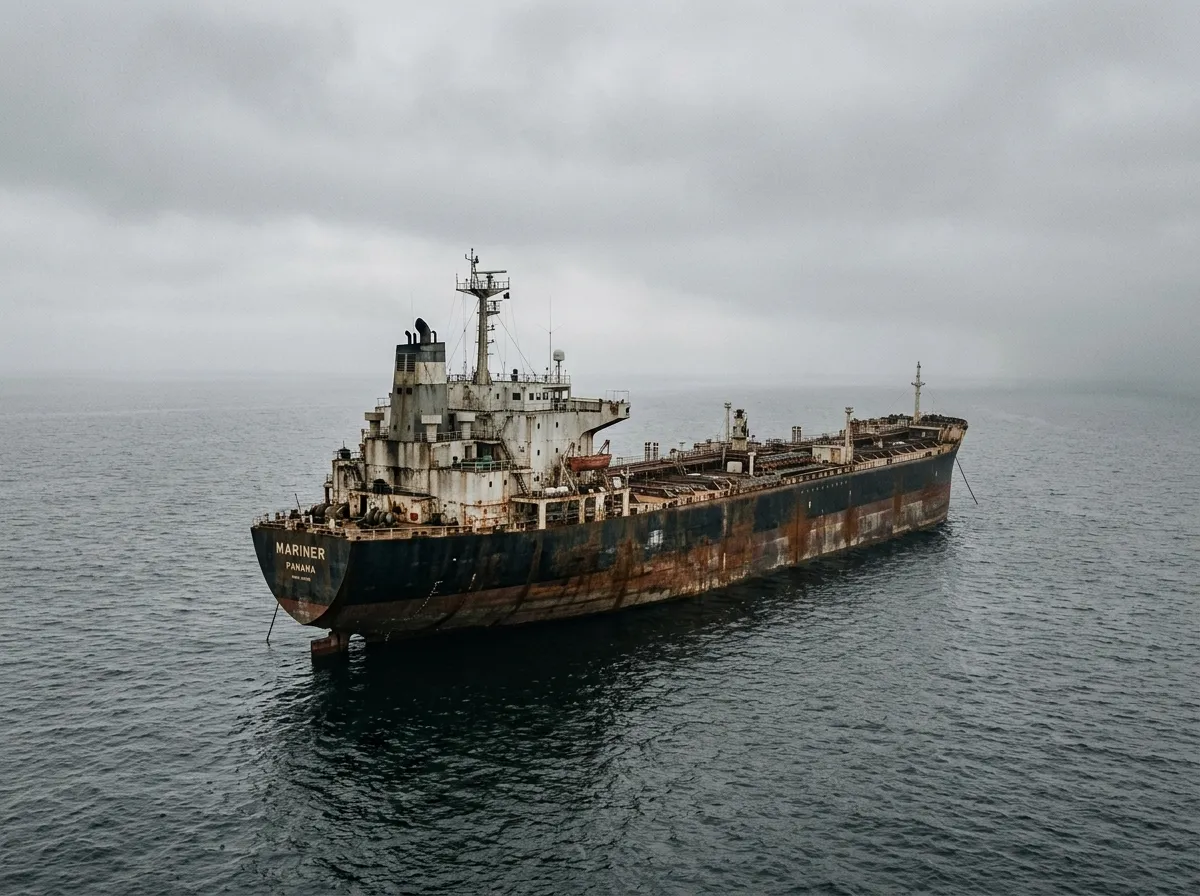 An aging crude oil tanker at anchor in open water with weathered hull and faded markings
