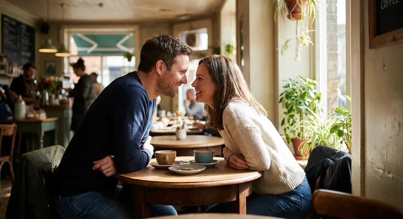 Two people having deep conversation over coffee with open engaged body language