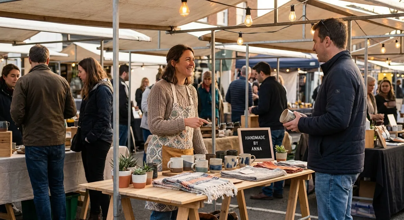 Person at a local craft market selling handmade items, interacting warmly with customers