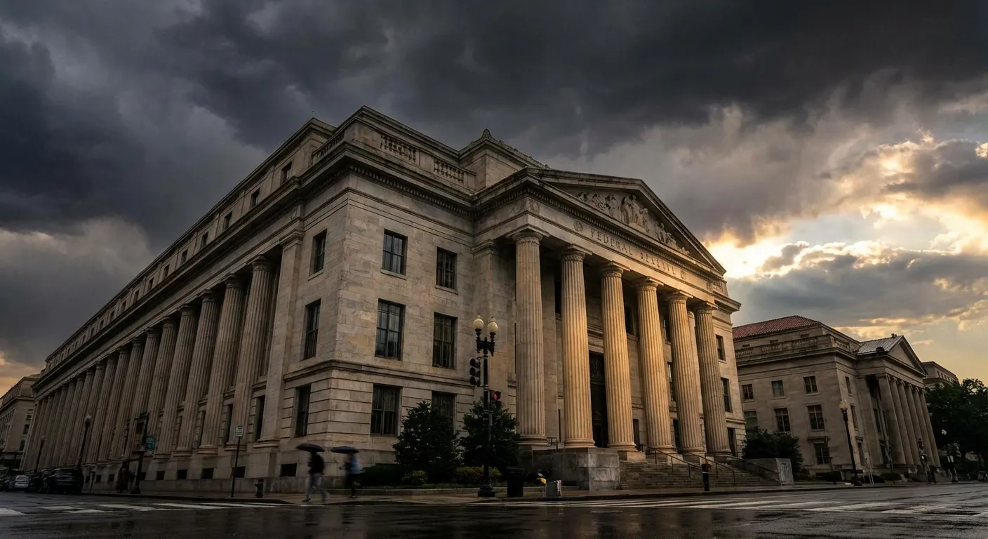 Federal Reserve building in Washington DC with storm clouds symbolizing institutional crisis