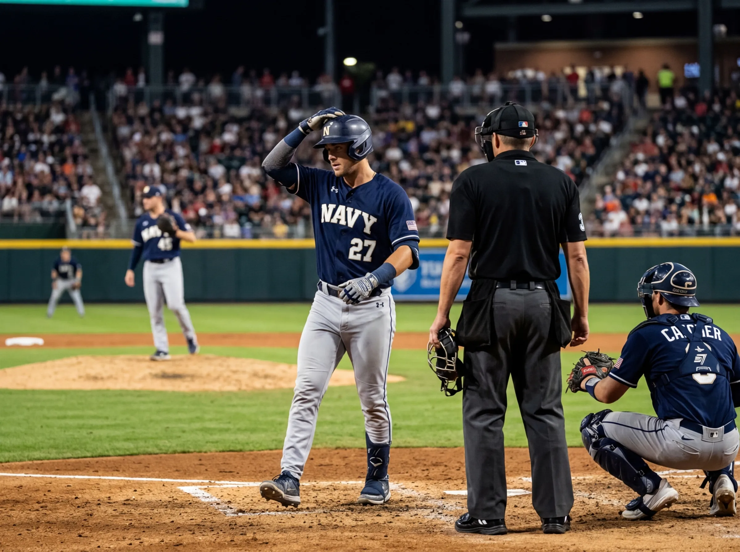 A batter tapping his helmet to signal an ABS challenge while the catcher and umpire look on