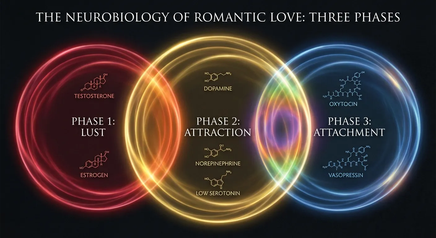 Diagram showing three overlapping phases of romantic love with associated neurochemicals