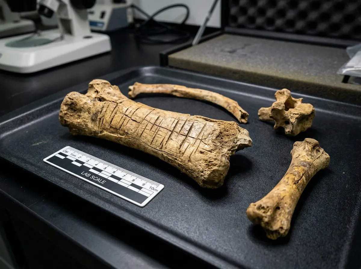 Close-up of ancient bone fragments showing linear cut marks under scientific lighting