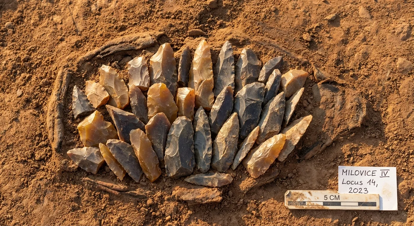 Stone Age flint blades and tools arranged as they were found in a Gravettian hunter's pouch
