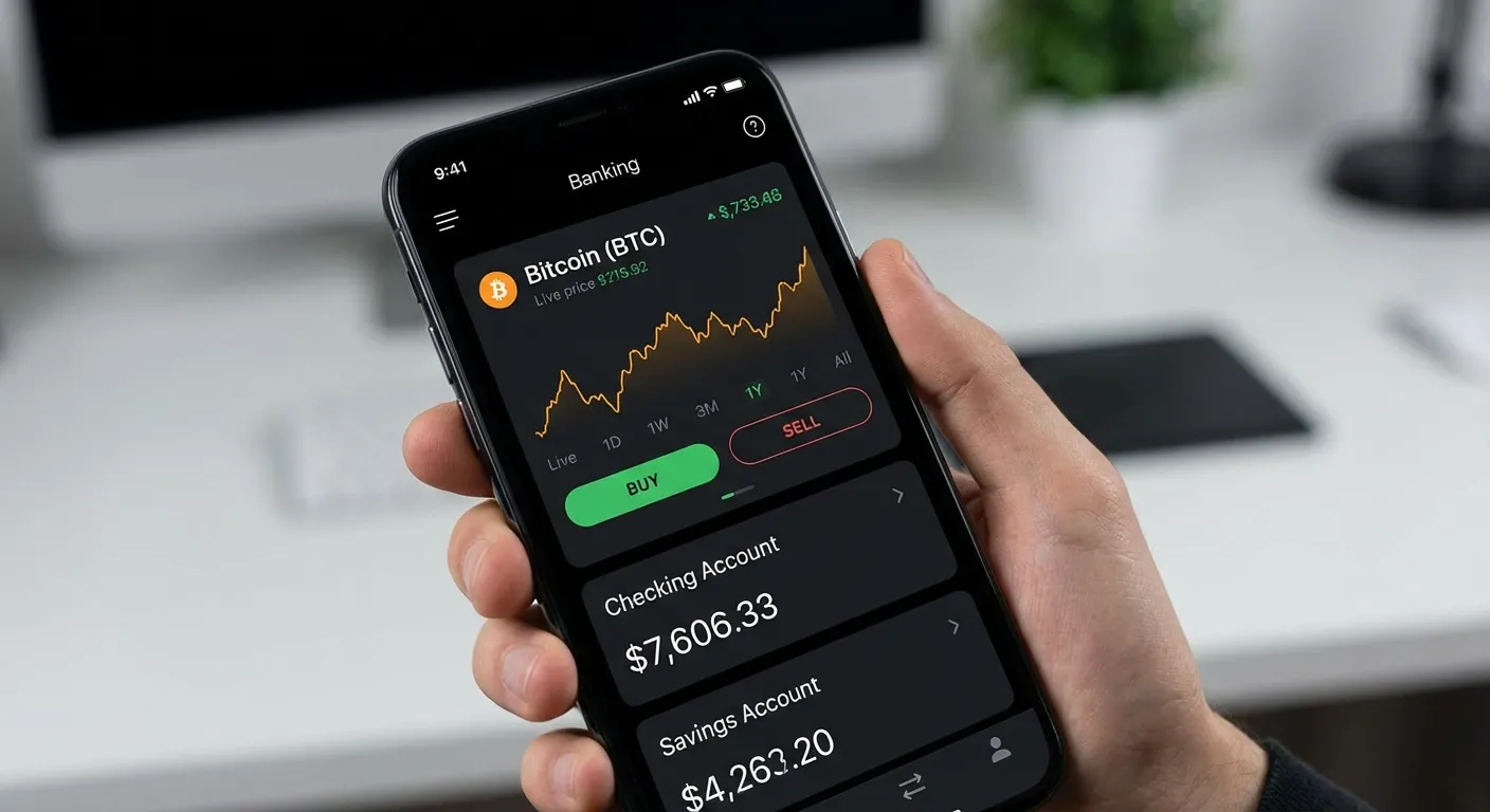 Mobile banking app screen showing bitcoin trading interface alongside traditional accounts