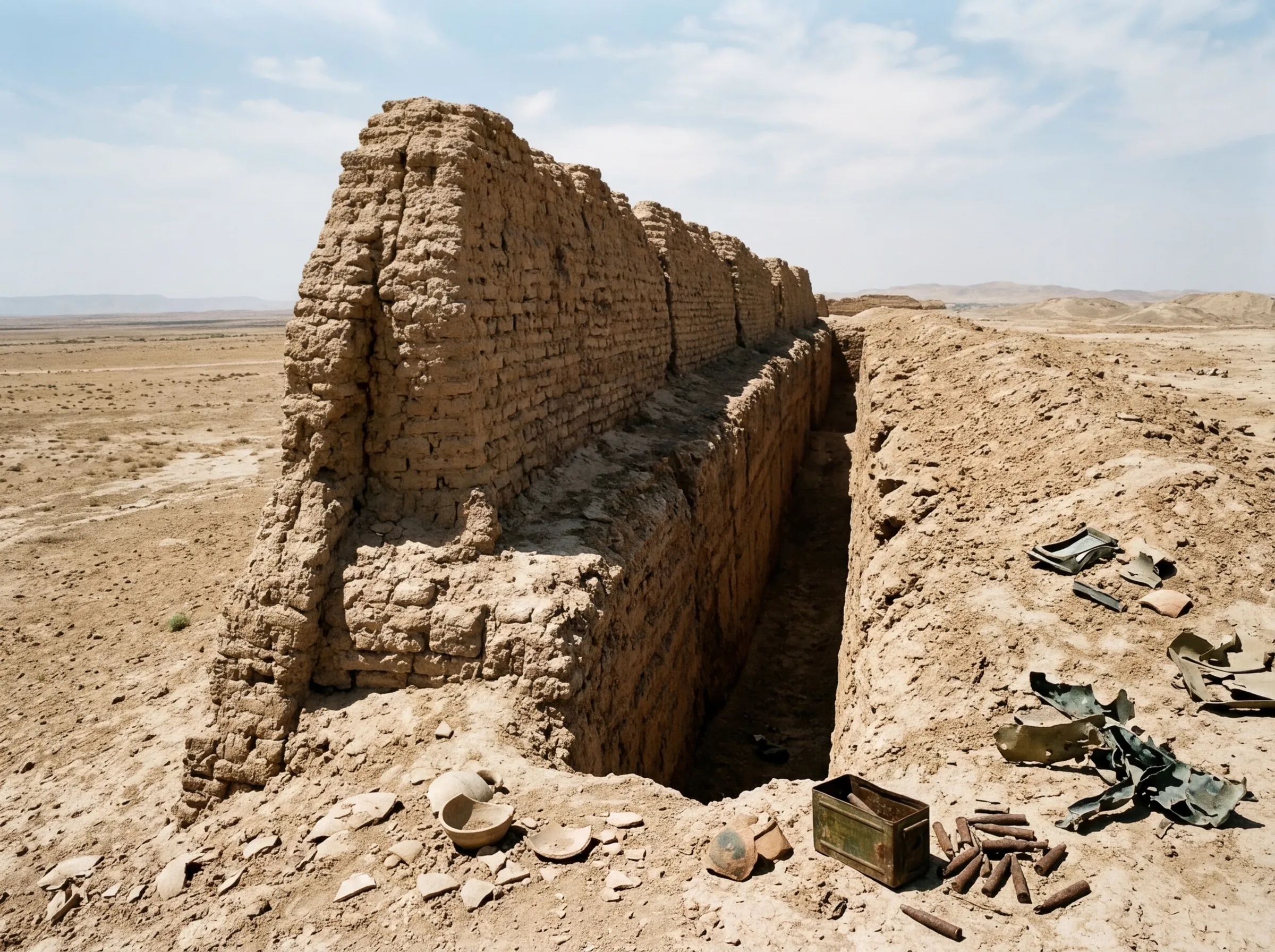 Close-up of ancient mudbrick wall remnants with visible military trench cuts from the Iran-Iraq War