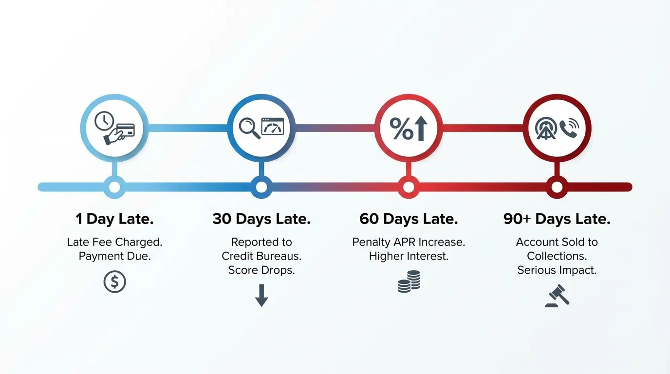 Timeline graphic showing consequences at different stages of late payment