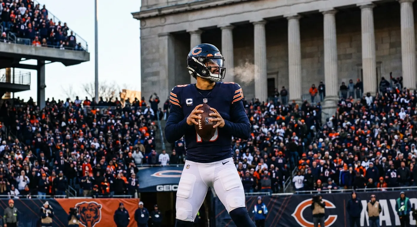 Caleb Williams in Bears uniform surveying the defense