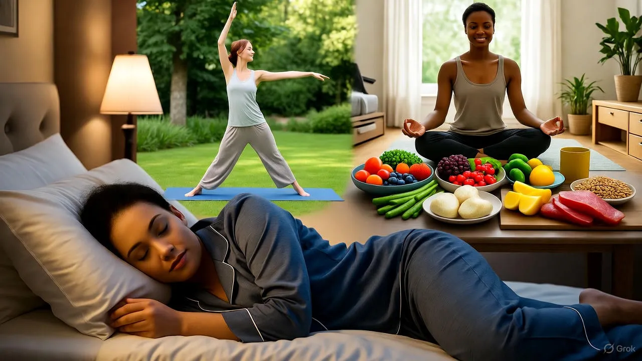Person practicing meditation outdoors surrounded by nature with healthy foods and exercise equipment nearby