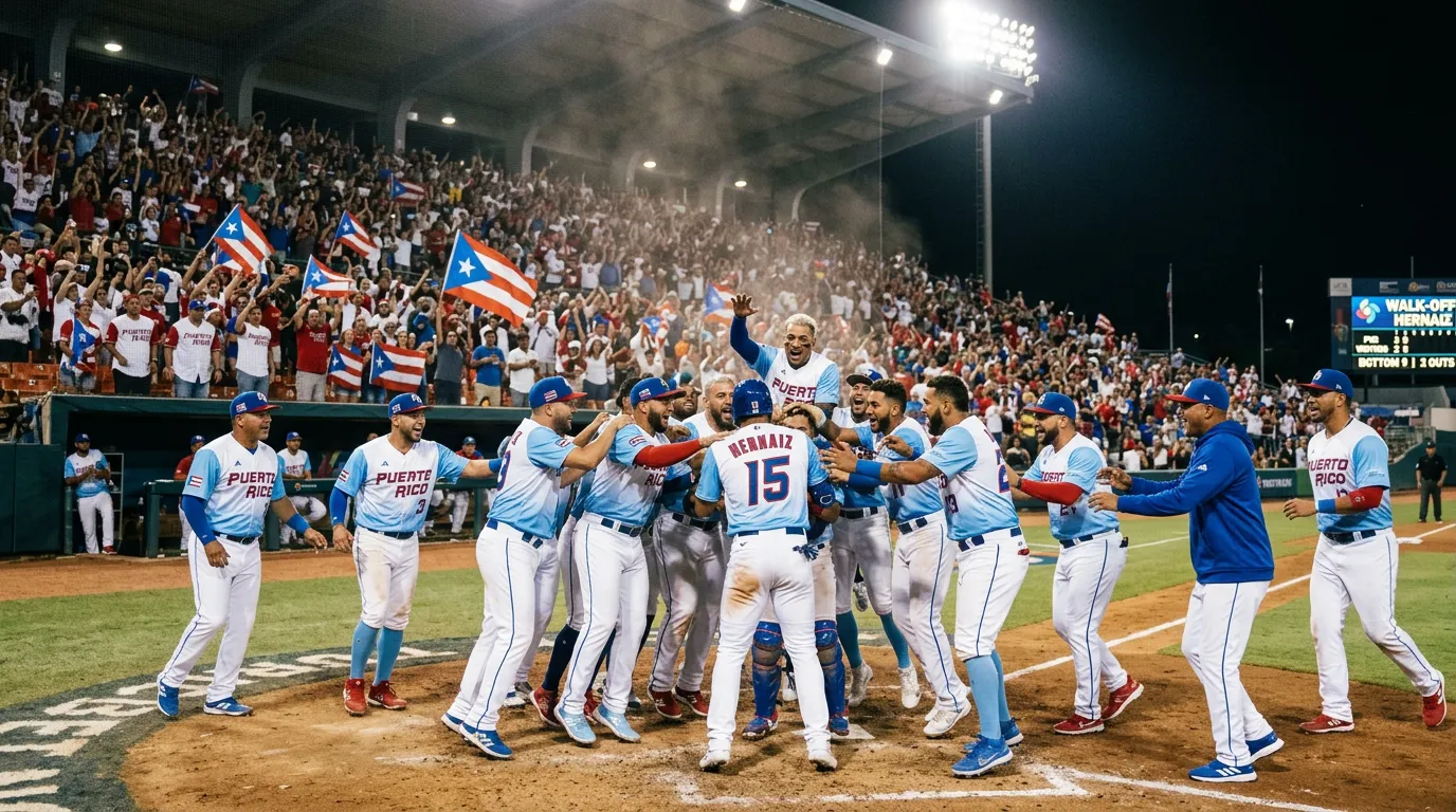 Puerto Rico baseball players celebrating a walk-off home run at Hiram Bithorn Stadium
