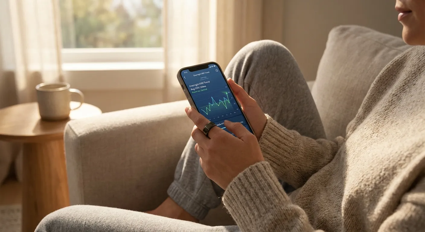 Person wearing smart ring checking heart rate variability data on smartphone app