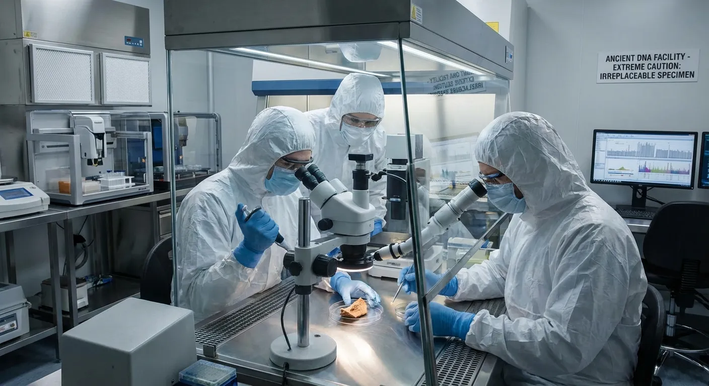 Laboratory scene showing researchers extracting genetic material from ancient specimen