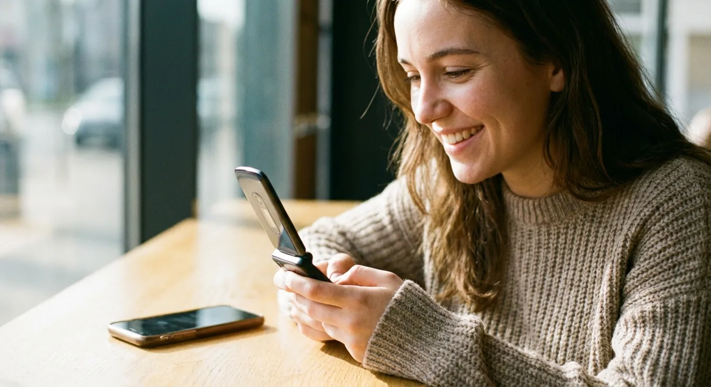 Young person holding basic flip phone with smartphone discarded on table
