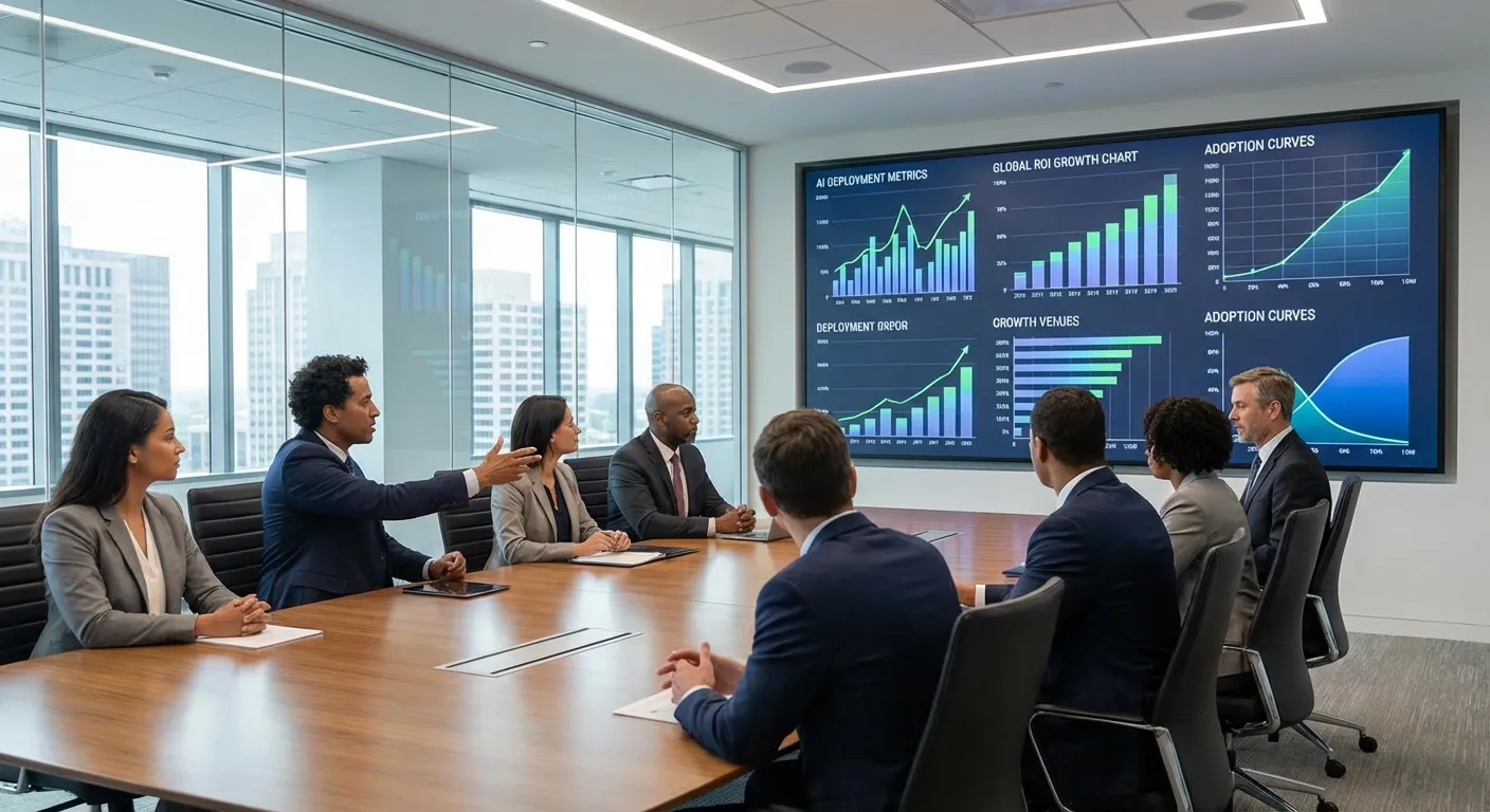 Business executives reviewing AI deployment metrics on a conference room screen