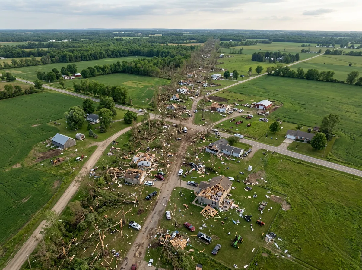 Aerial view of tornado damage path through Edwardsburg Michigan showing uprooted trees and structural damage