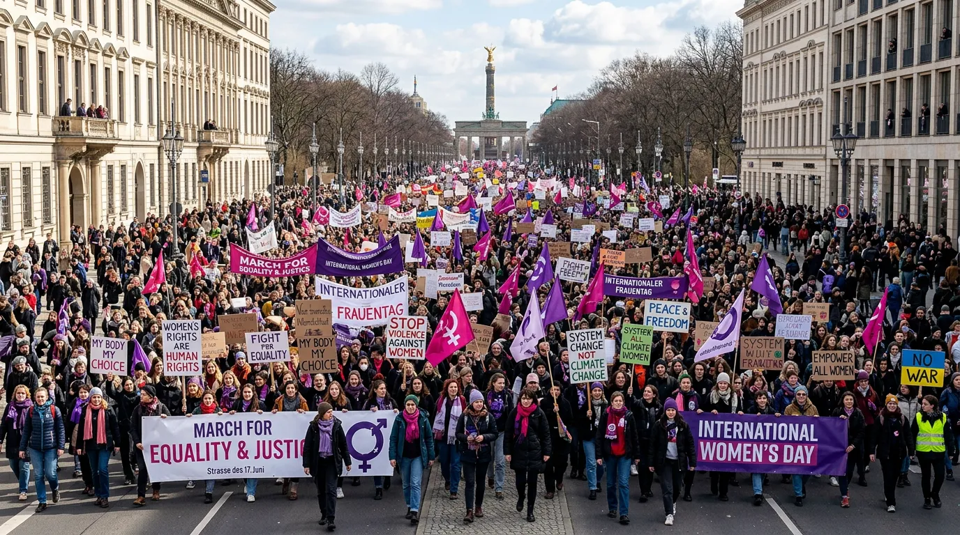 Thousands of protesters marching through Berlin streets holding feminist signs and banners
