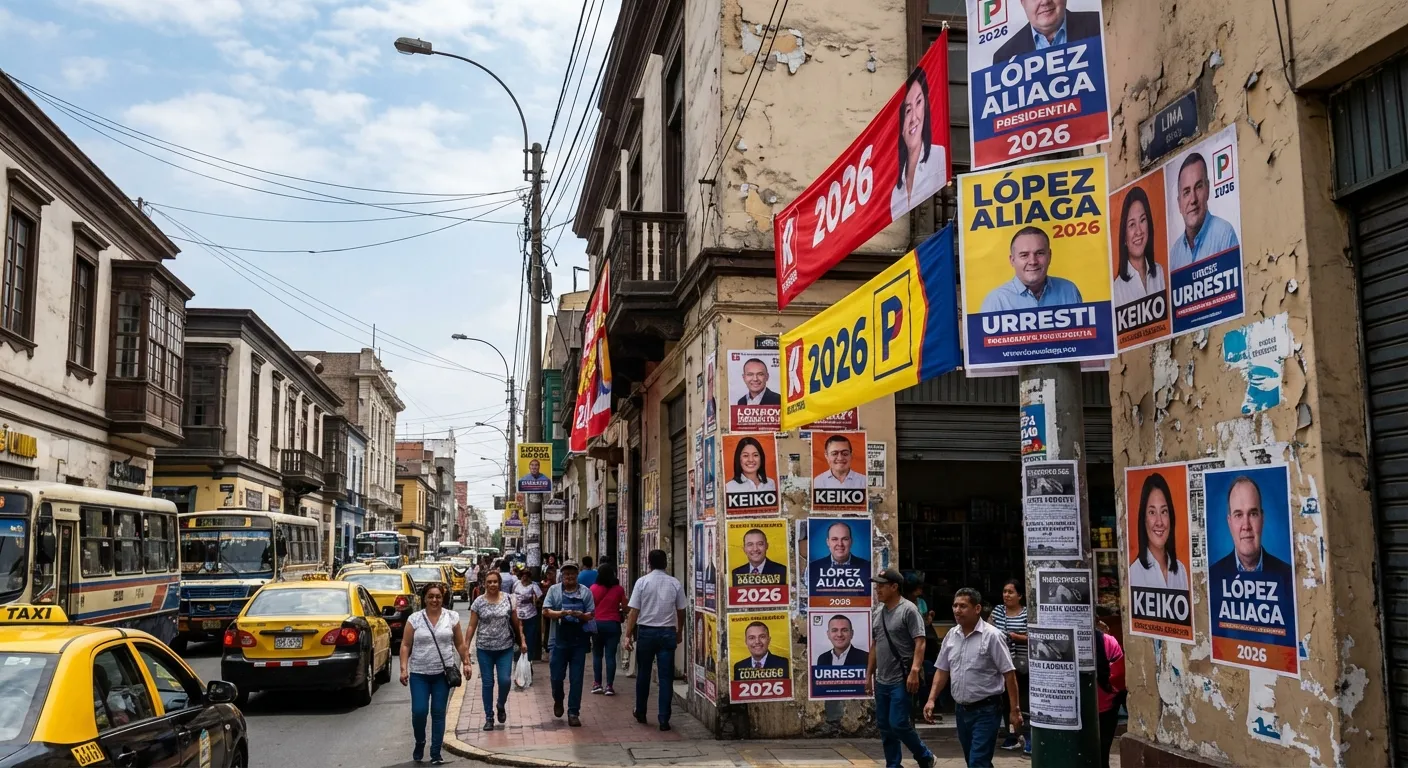 Campaign posters for Peru's April 2026 presidential election lining a Lima street
