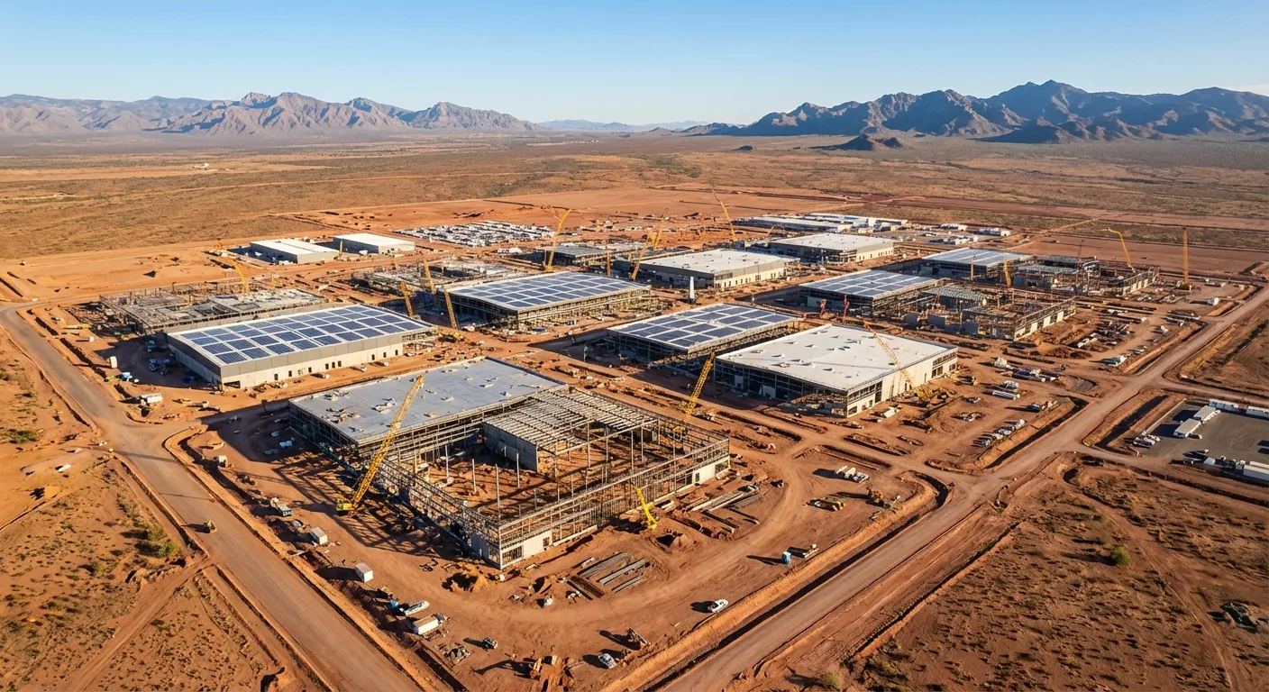 Aerial view of a massive semiconductor fabrication facility under construction in Arizona desert