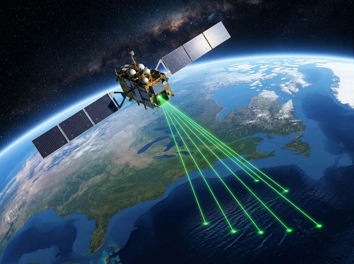 NASA ICESat-2 satellite orbiting Earth with laser beams measuring ocean surface elevation