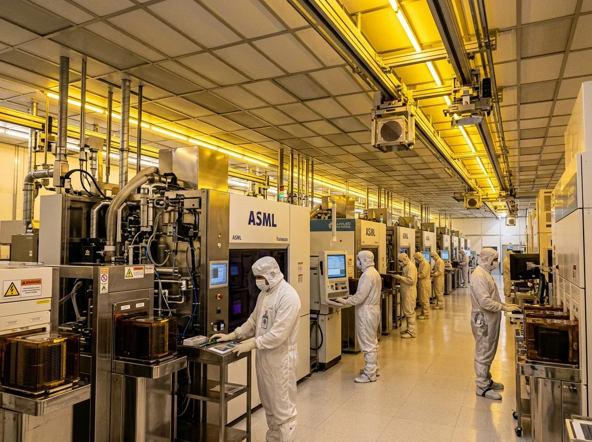 Workers in cleanroom suits operating semiconductor manufacturing equipment
